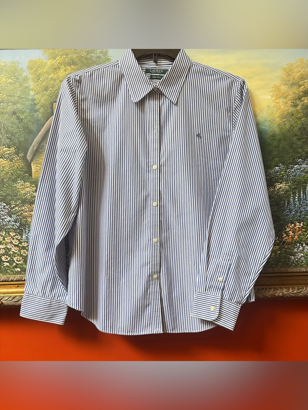 Ralph Lauren Blue White Stripes  Button Down Non Iron Long Sleeves Women’s XL